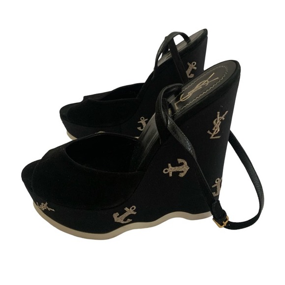 Saint Laurent Suede Cassandra Logo Ankle Strap Wedge - 8 US, Black fits 7.5 US - Picture 10 of 16
